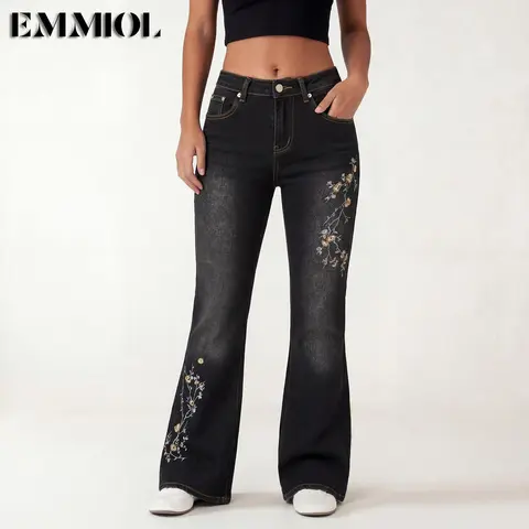 EMMIOL Women Mid Low Rise Bell Bottom Jeans Stretchy Flare Denim Pants Embroidery Vintage Y2K 90s Streetwear SohoChic【Back to School】