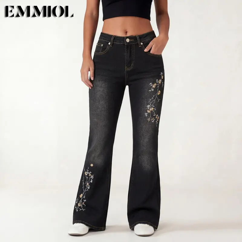 EMMIOL Women Mid Low Rise Bell Bottom Jeans Stretchy Flare Denim Pants Embroidery Vintage Y2K 90s Streetwear SohoChic【Back to School】