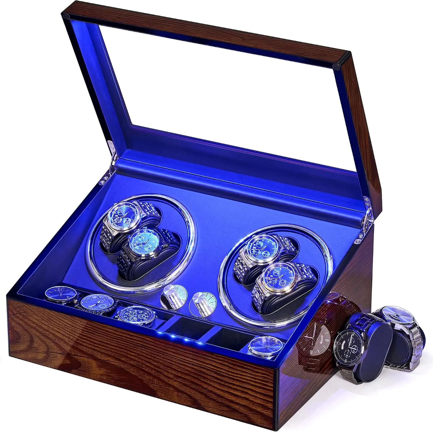 Watch Winders for Automatic Watches, Automatic Watch Winder Box | Watch Spinner with LED Light,4 Watch Winder with Quiet Running Motor and 6 Storage Case for Man/Woman's Watches, Brown SYQ01Y