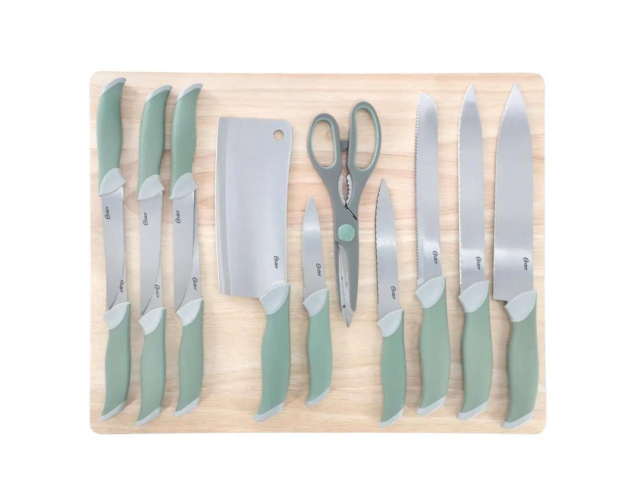 Oster Linbergh 14 Piece Stainless Steel Cutlery and Cutting Board Set in Green with Soft-Grip Handles