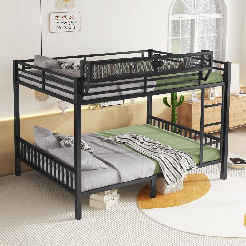 Queen Over Queen Bunk Bed with Storage Shelf and Ladder, Heavy-Duty Metal Loft Bed Frame, Noise Free, for Adults Teens,Black