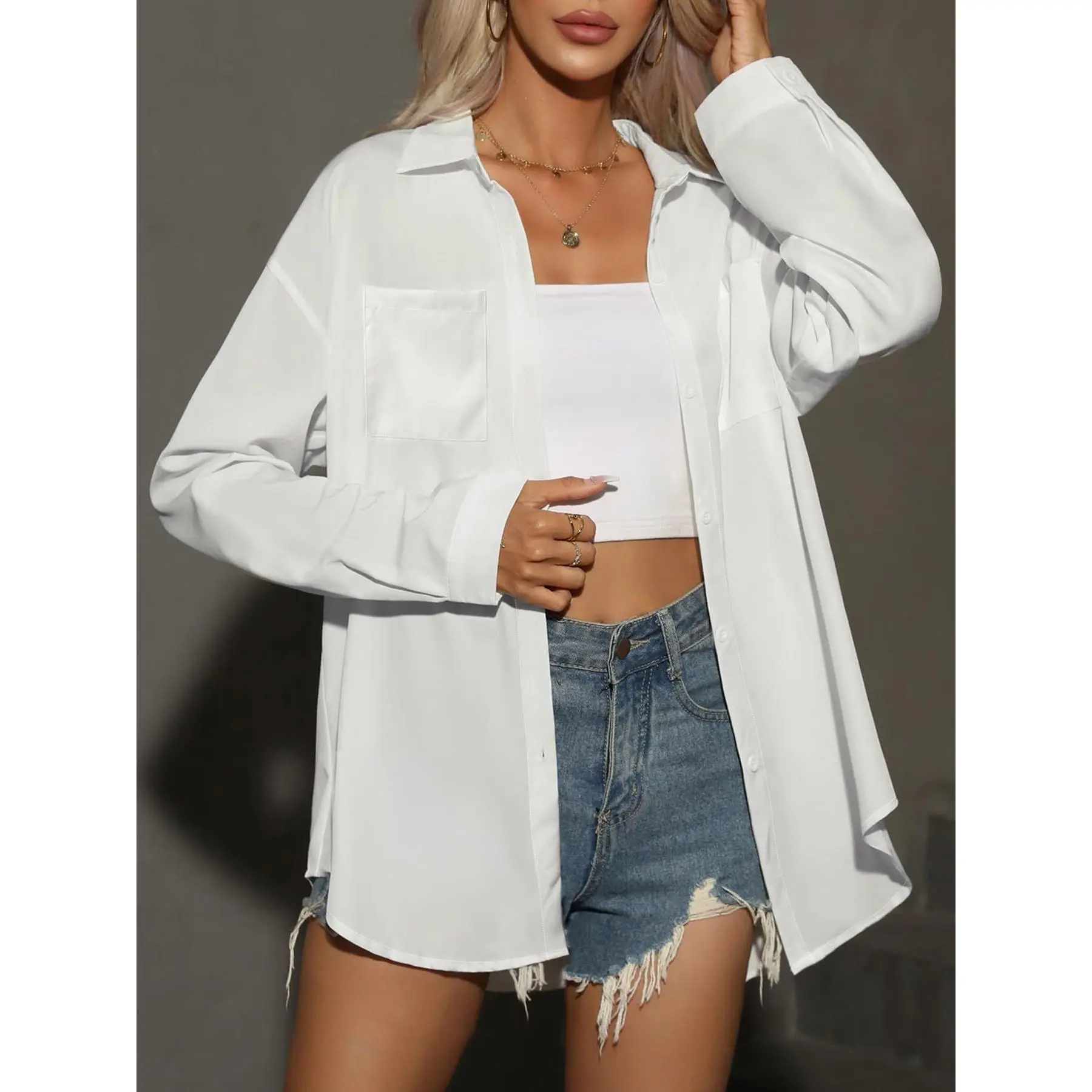 Aswulk Button Down Shirts for Women Long Sleeve Blouse Dressy Casual Business Work Tops with Pockets White