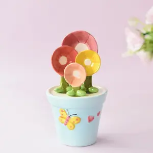 4 Pack Cute Ceramic Flower Measuring Spoons Set with Base, Decorative Flower Pot Measuring Spoons and Cup Set Measuring Spoons with Capacity for Milk Powder Sugar Salt, Flower Baking Scale Spoons for Home and Kitchen