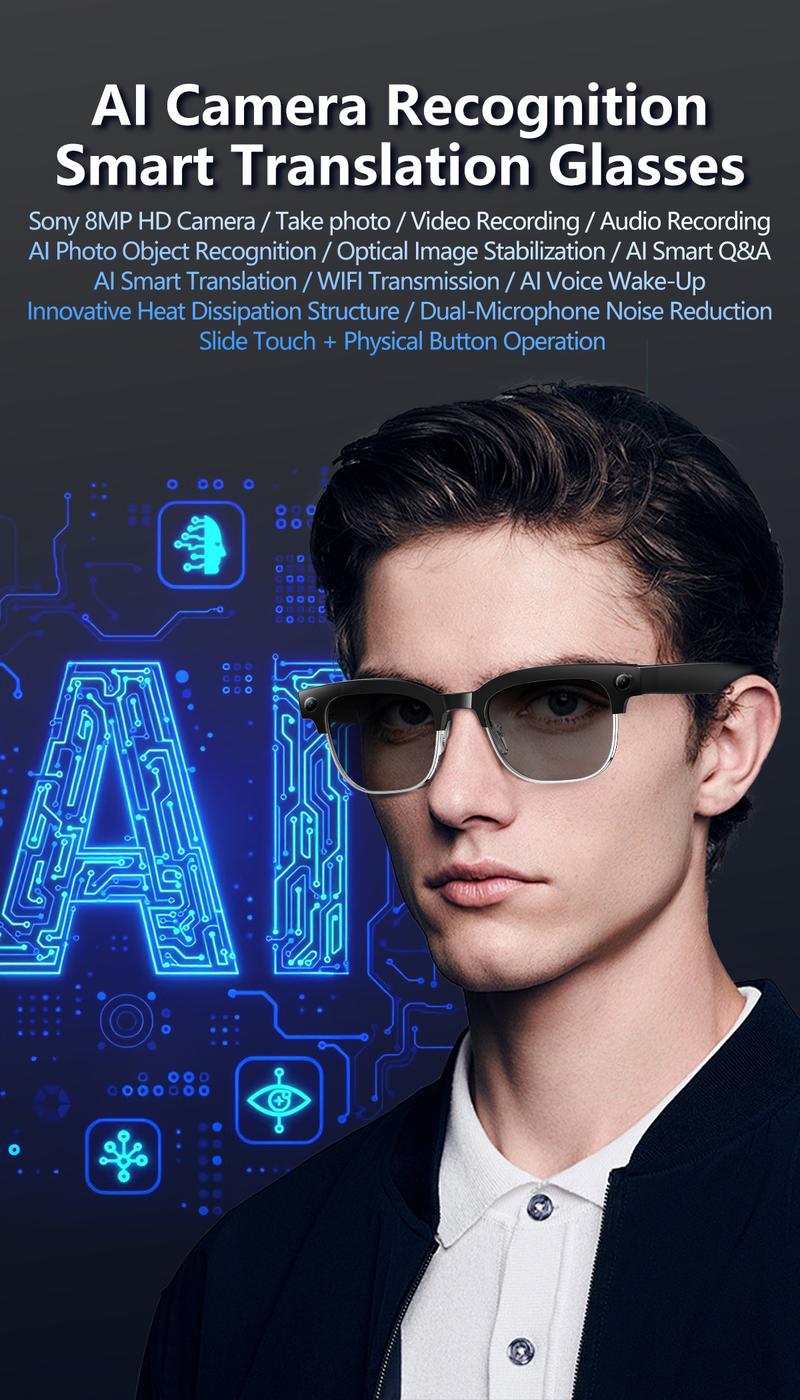 Smart AI Camera Glasses with 8MP Photochromic Lenses ,Button Touch Adjustment for Travel Outdoor Adventures Hands-Free Photography 160+Languages Real-Time Translation Bluetooth Wireless Wearable Video Recording UV Protection ,Black Friday & Cyber Monday