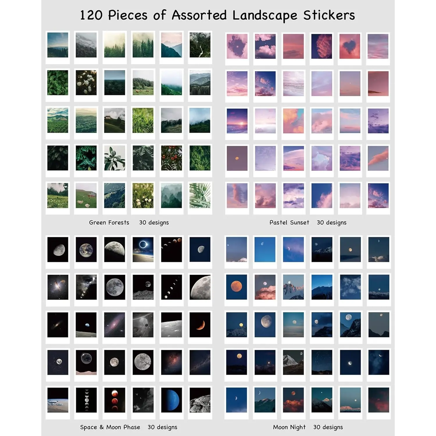 120-Piece Matte Paper Aesthetic Nature Scenes Stickers Set - 5.8x8cm Individually Cut Forests, Mountains, Sky, Clouds, Galaxy, Space, Moon Phases, Sunsets - Easy to Write On for Art Journal Lovers, Wall Decor (Home Improvement Supplies)