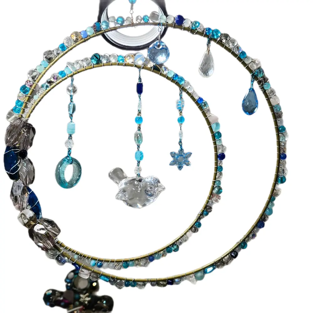 Blue and Clear Beaded Hanging Suncatcher Winter Frost Bird Lovers Decor