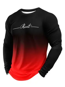 Men's Letter Print Gradient Round Neck Long Sleeve T-Shirt, Casual Fashion Streetwear Breathable Sports Top for Spring & Fall, Athletic Sports Clothing