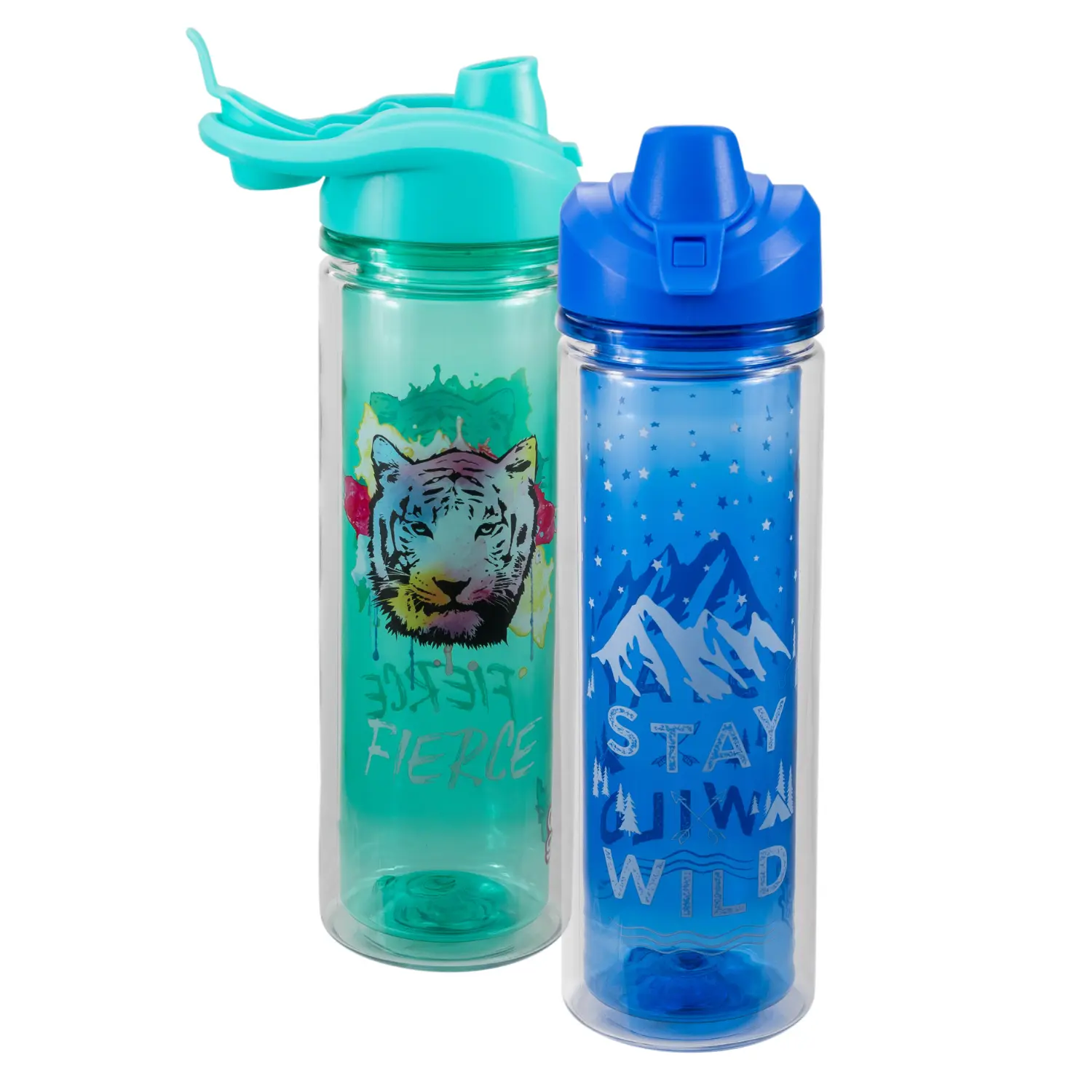 COOL GEAR 2-Pack 20 oz Stylish Essence Chugger Water Bottle - Wide Mouth, Flip Cap Lid, Portable Design with Cover & Loop - Unicorn/Leaves Kitchen Drinkware, Plastic