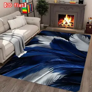 2D flat large velvet carpet, close-up of feathers, blue and silver intertwined, modern home decor carpet for hallway, bedroom, and game room