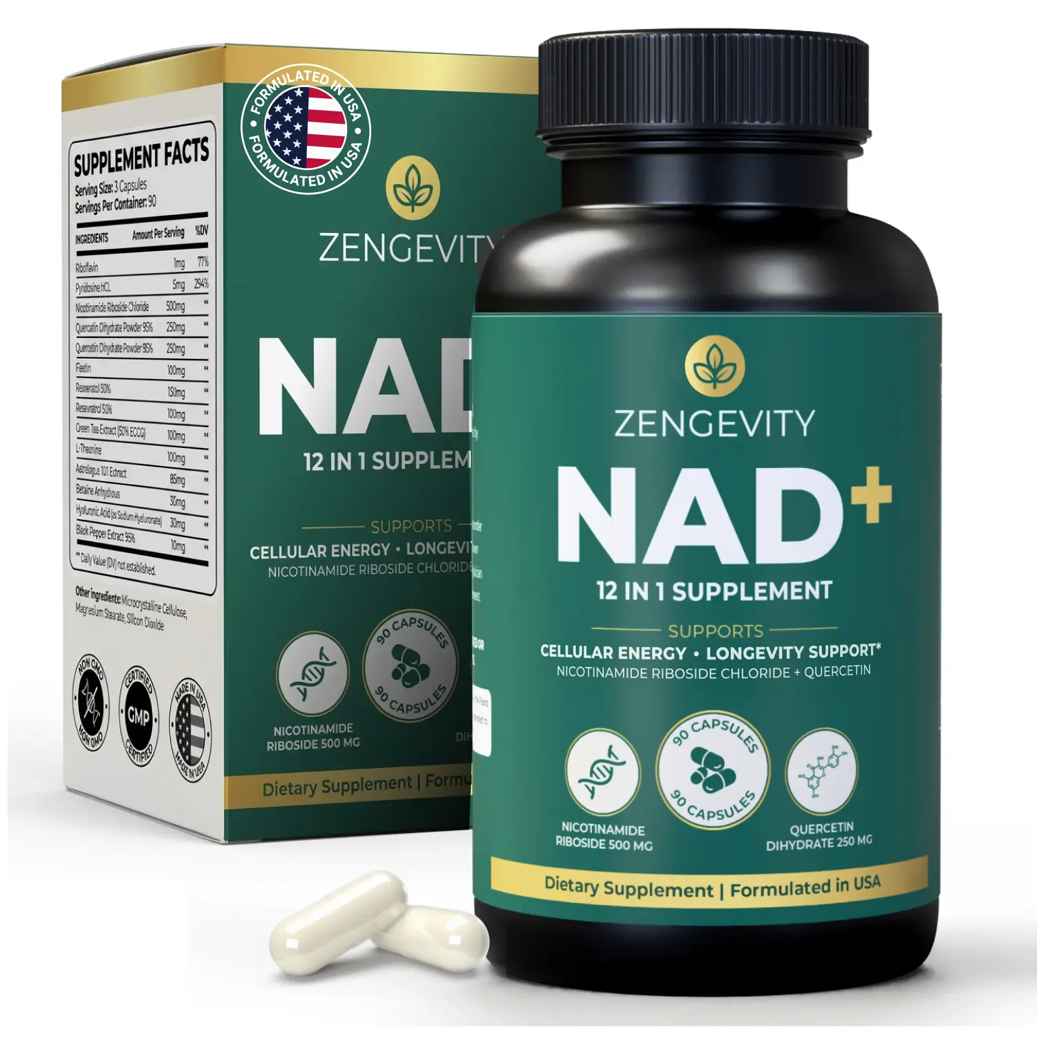 NAD+ Supplement for Women and Men, 12 in 1 NAD Plus Longevity Complex with Nicotinamide Riboside, Resveratrol, Quercetin, Fisetin and L-Theanine, Cellular Energy Support, 90 Capsules