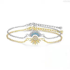 Gold Sun & Blue Moon Stackable Bracelet Set Matching Sun Moon Wrist Jewelry Trendy Elegant Charm Accessories For Couples Best Friends Sisters Friendship Birthday Gift