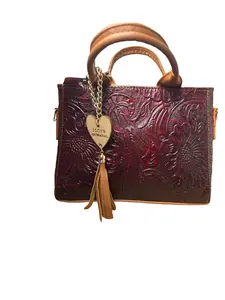 Women's Leather Handbag - 100% Leather, Intricate Floral Embossing, Cowhide Accents for Stylish Everyday Use