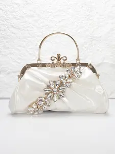 Elegant white pleated PU women's evening bag, rhinestone flower decoration handbag, clutch bag, with shoulder chain can be replaced shoulder crossbody bag, suitable for weddings, parties, proms, homecoming gifts, holiday gifts