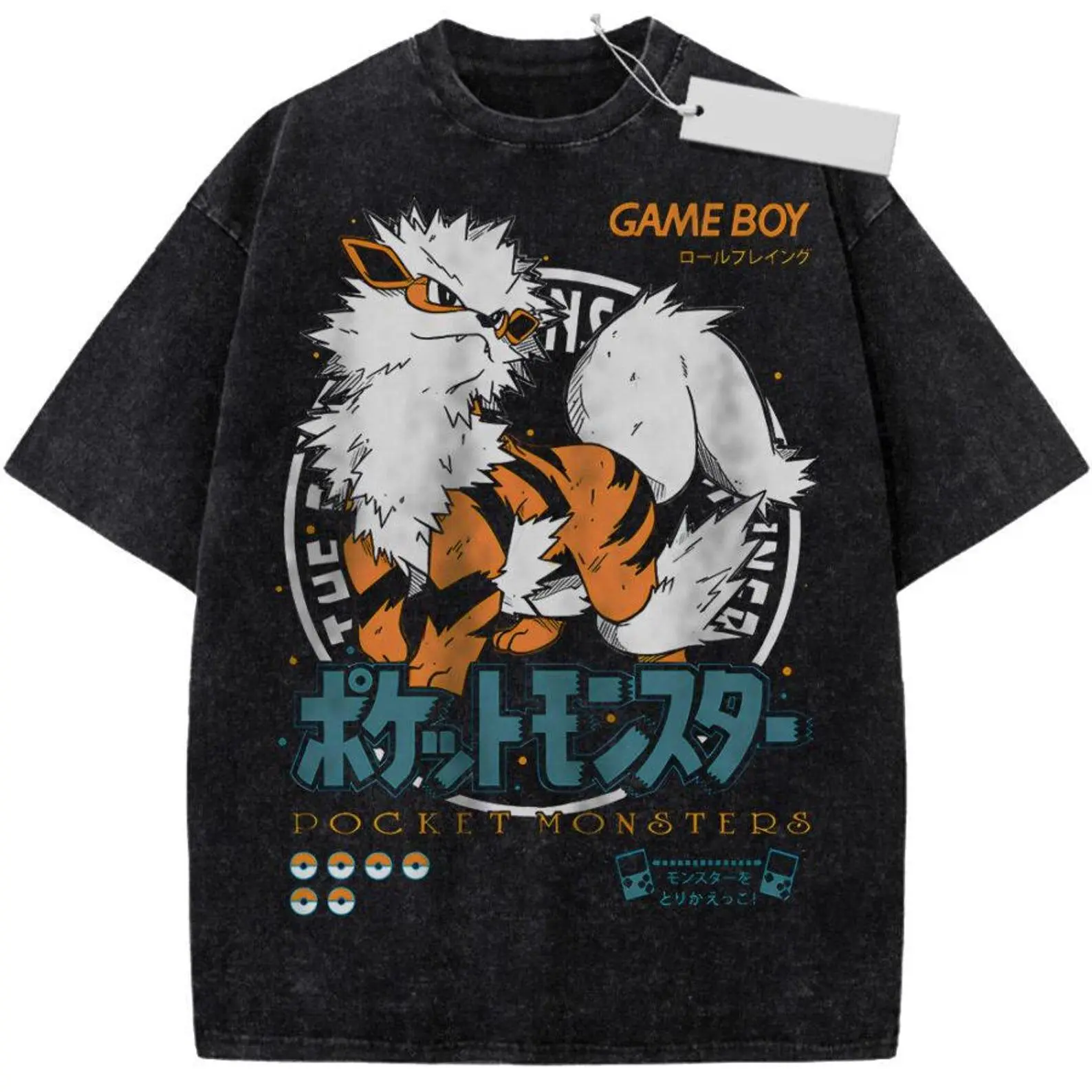 Arcanine Vintage Wash T-Shirt, Retro Pocket Monsters Anime Graphic Tee, Japanese Style Oversized Shirt, Gamer Streetwear Gift