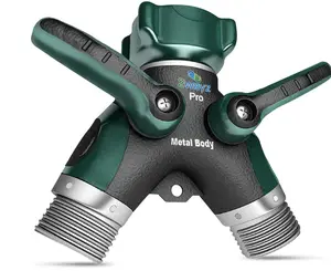 2WAYZ Hose Splitter 2 Way Heavy Duty Outdoor Faucet and Garden Connector - Water Spigot Splitter - Durable All-Metal Y Adapter with Shut-Off Valve - 4 x 4 x 1.5 Inches