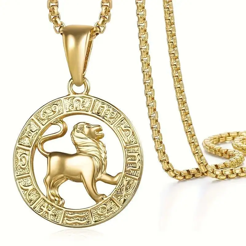 Trendy 12 Month Zodiac Sign Pendant Necklaces for Men Women Stainless Steels Leo Constellation Necklace Retro Celestial Astrology Jewelry,Personlized Hip-Hop Accessories,Unique Gift For Chiristmas/Birthday