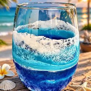 Ocean Wave Design Stemless Wine Glass - Blue Gradient & Frothy Edge for Coastal Vibes