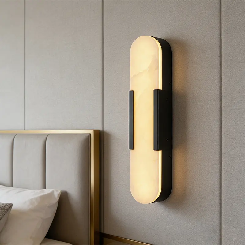 Modern Alabaster Wall Sconce with Gold Metal Frame, Natural Marble Texture, 18W Dimmable LED Lights, Energy-Efficient Wired, for Bedroom, Home Office, Indoor Use, Bathrooms