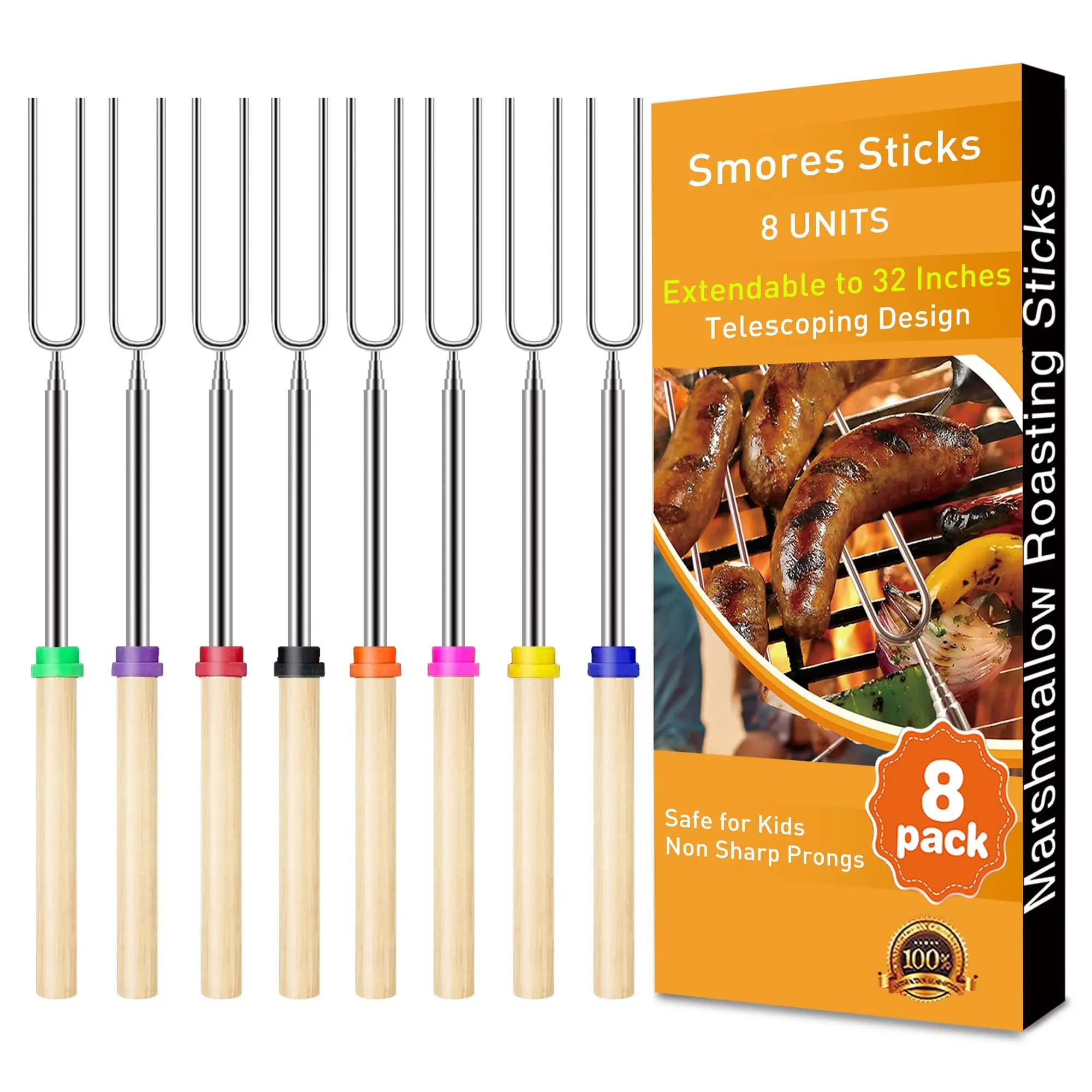 8 Pack Extendable Stainless Steel Roasting Sticks, Reusable Skewers for Smores, Hot Dogs, Camping Essentials Fire Kit
