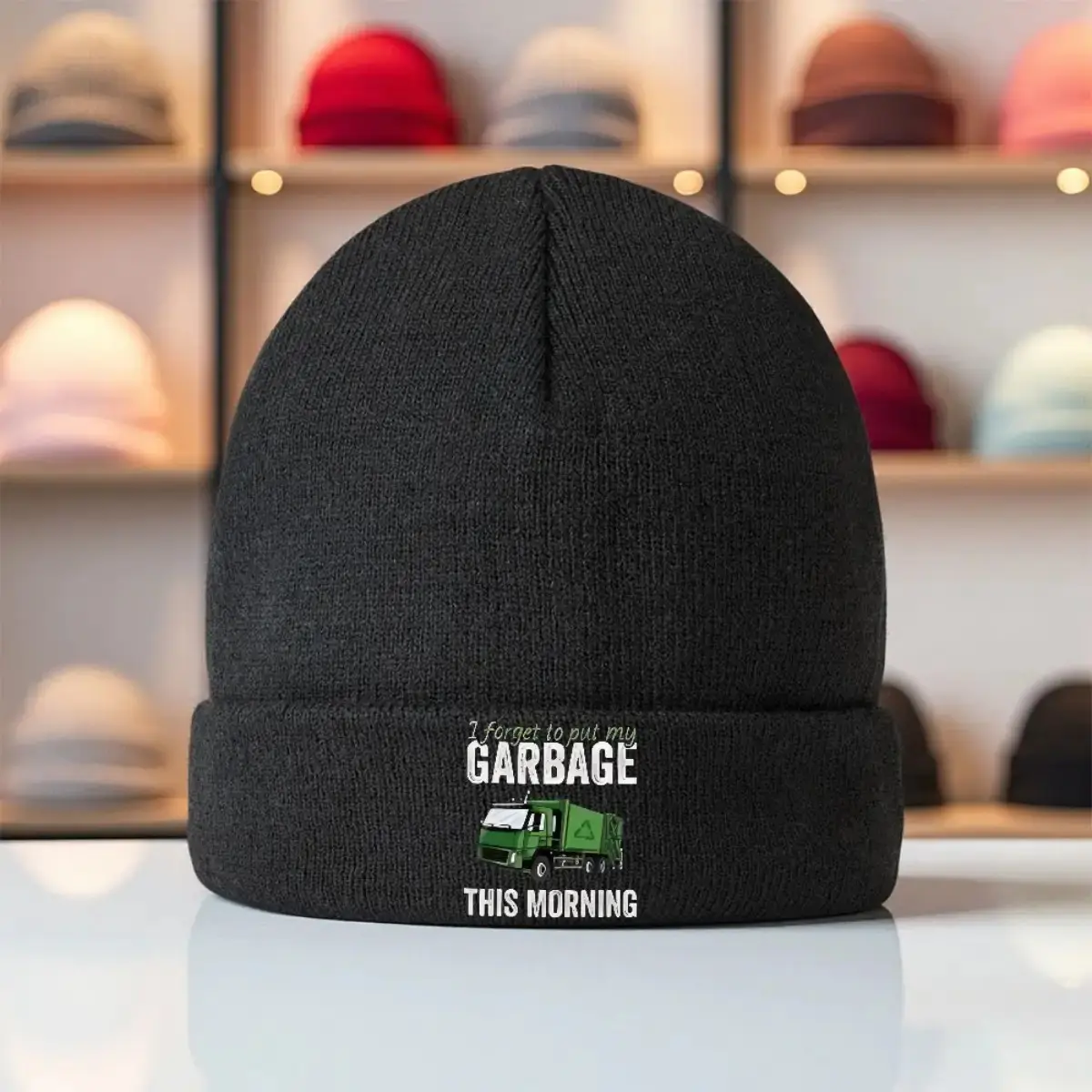 S&T Funny Garbage Truck Knitted Hat - 100% Acrylic Winter Knit, with "I Love Garbage This Morning" Slogan and Garbage Truck Pattern, Elastic Soft Warm Unisex, Suitable for Garbage Collector Gift