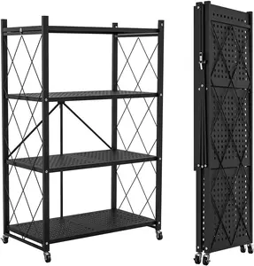Multi-layer Foldable Storage Shelf with Wheels - Metal Rack Collapsible Shelving Unit Display, Rolling Cart for Books Kitchen Storage Shelves, Pantry & Closet Organizer, Office Room Decor - Black
