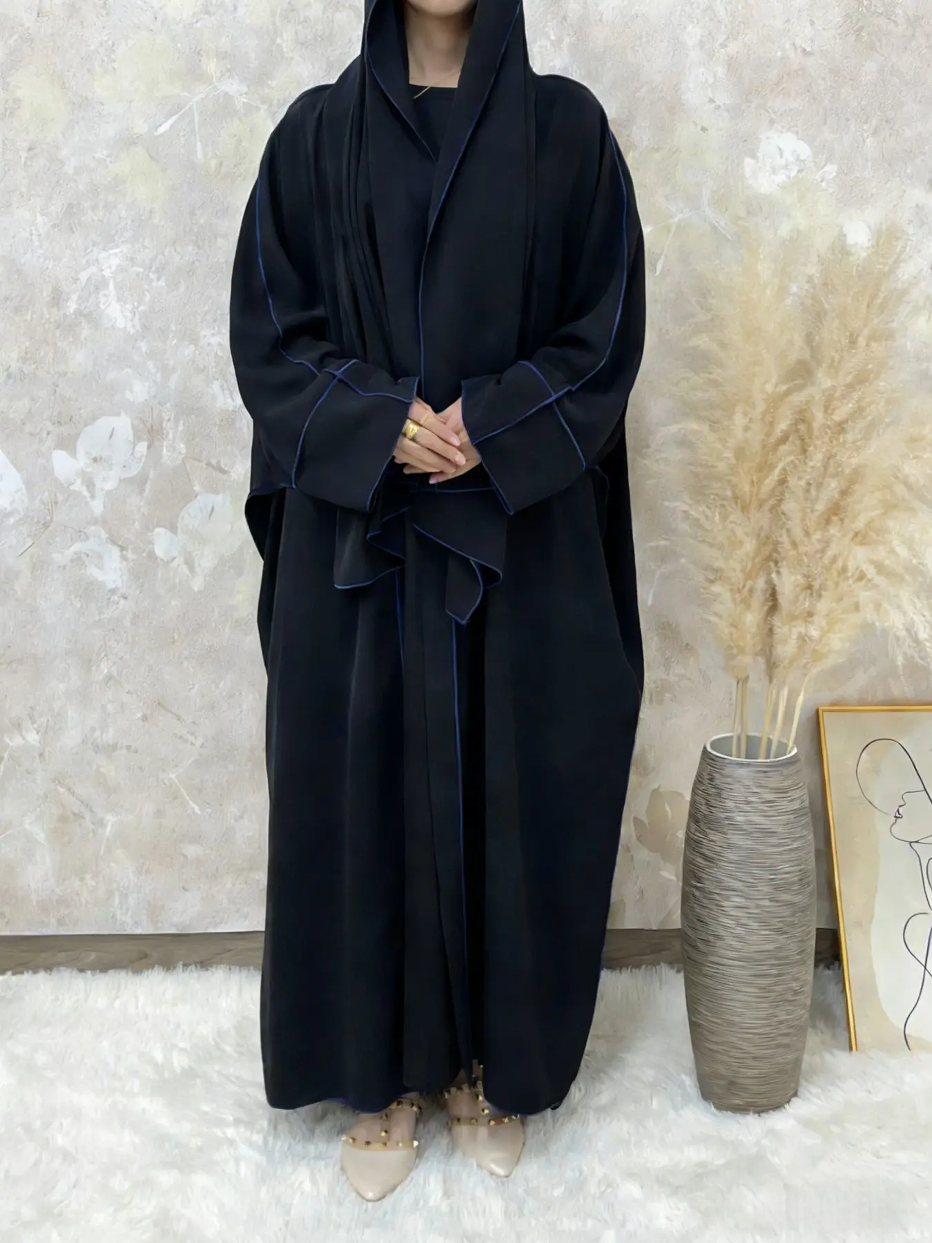 Arabic Clothing-Solid Contrast Belted Abaya With Hijab, Modest Batwing Sleeve Open Front Abaya, Women's Islamic Clothing for Spring & Fall, Modest Muslim Outfits, Islamic Modesty Clothes, Abaya Hijab Set Modesty