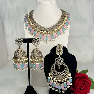 Desi Pakistani Style Choker Necklace with Jhumkas and Tikka Set, Featuring Colorful Beads and Earrings