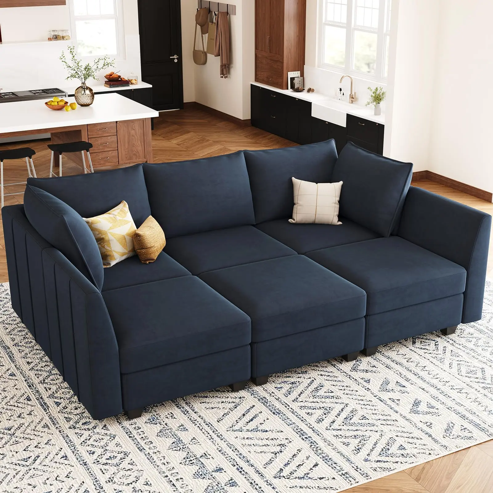 Modular Sectional Sofa Sleeper Sectional Couch with Storage Velvet Sofa Bed for Living Room, 6 Seats, Blue