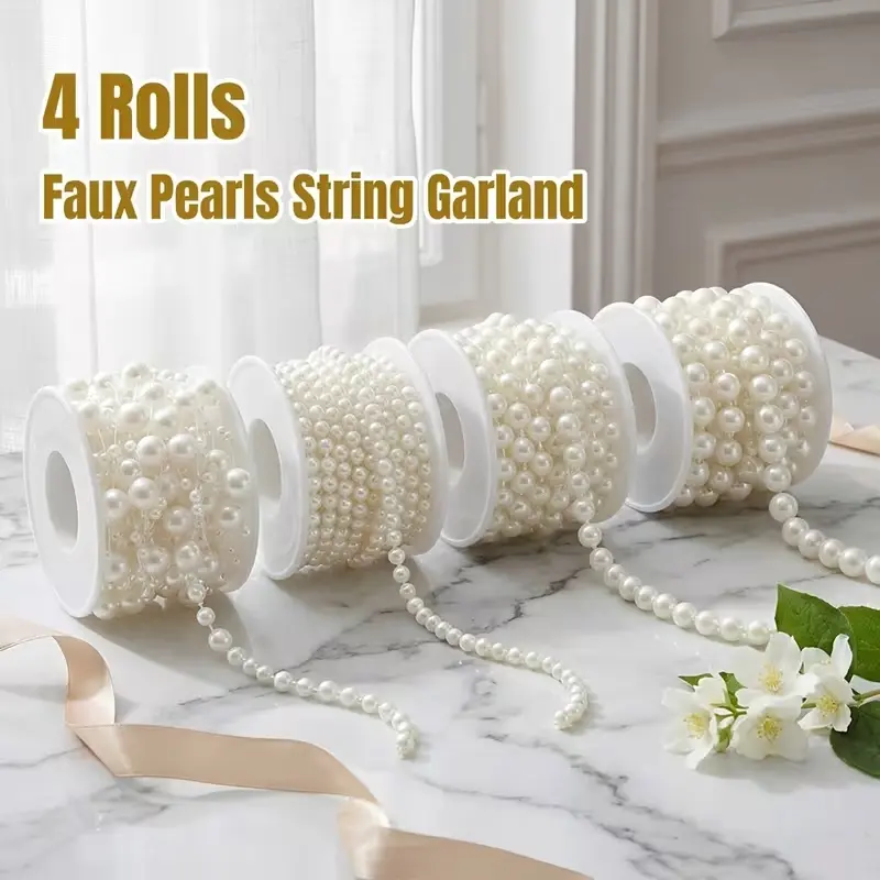 4 Rolls 86 Feet Pearls Garland, Faux String of Pearls Roll Strand for Crafts, Artificial Pearl Beads Trim for Wedding Party Valentine Christmas Flower Decoration