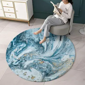 Blue Round Marble Texture Memory Foam Carpet, Gold Accents, Kitchen Shower Mat, Game Pad, Pet Pad, Soft Sponge Material, Non-Slip Bottom, Absorbent Living Room Rug
