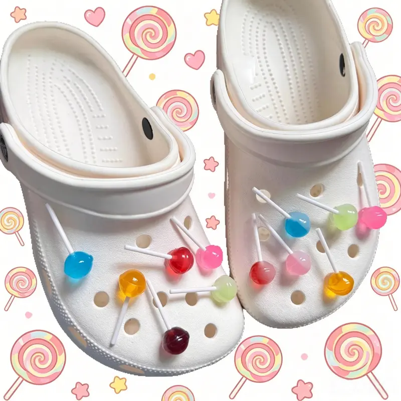 6 Pcs Set Clip-and-Apply Cartoon Shoe Decoration Charms, 3D Realistic Lollipop Candy Charms for Clogs/Crocs, Sweet Birthday/Party Touch, DIY Accessories (No Shoes), 6 Pcs Set （No Shoes）