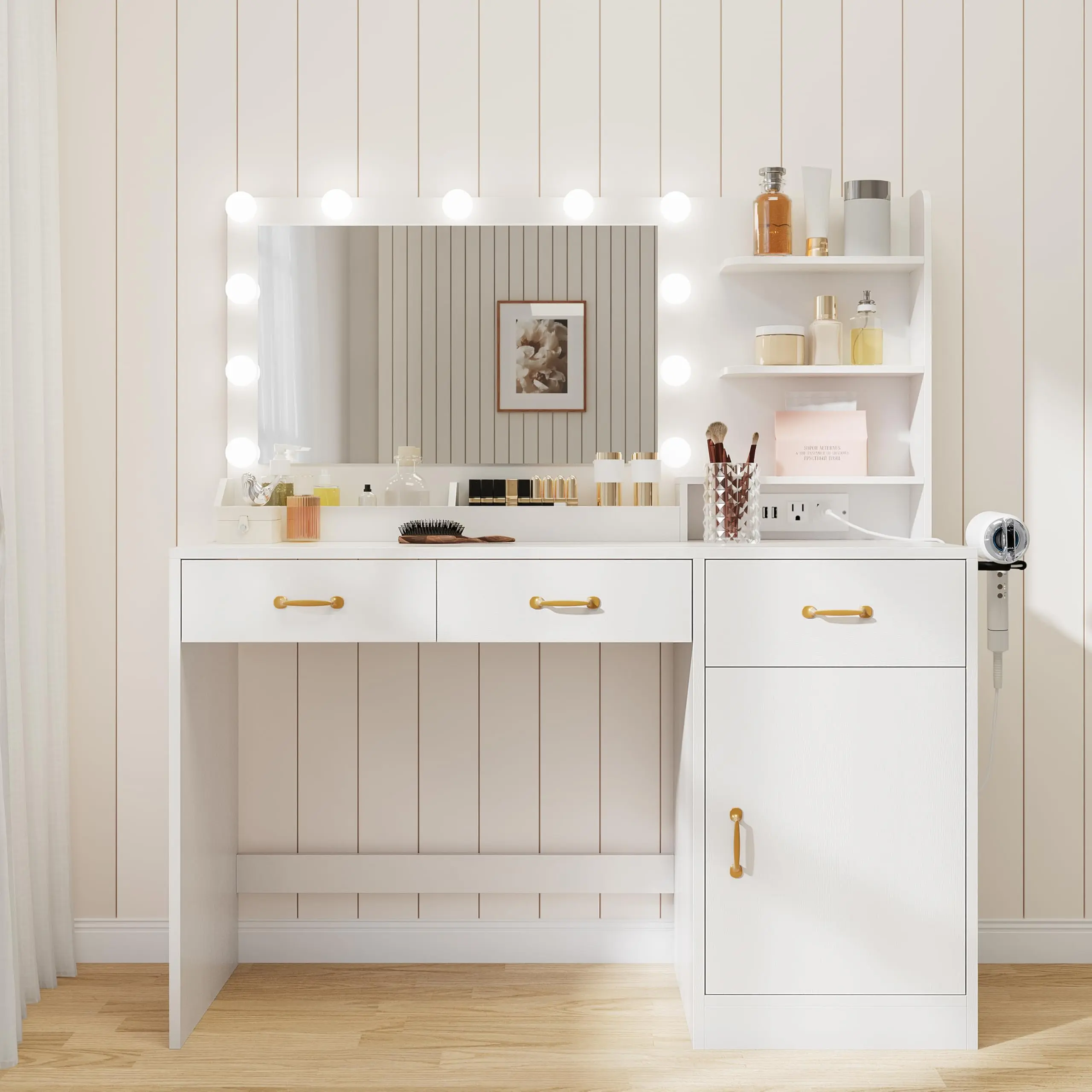 Adjustable LED Makeup Vanity Desk with Lighted Mirror, Charging Station, Drawers, Cubbies, Cabinet - Modern White/Black Makeup Table with Upholstered Storage Stool for Bedroom, Christmas/Birthday Gifts, Vanity Organization, Minimalist Decluttering