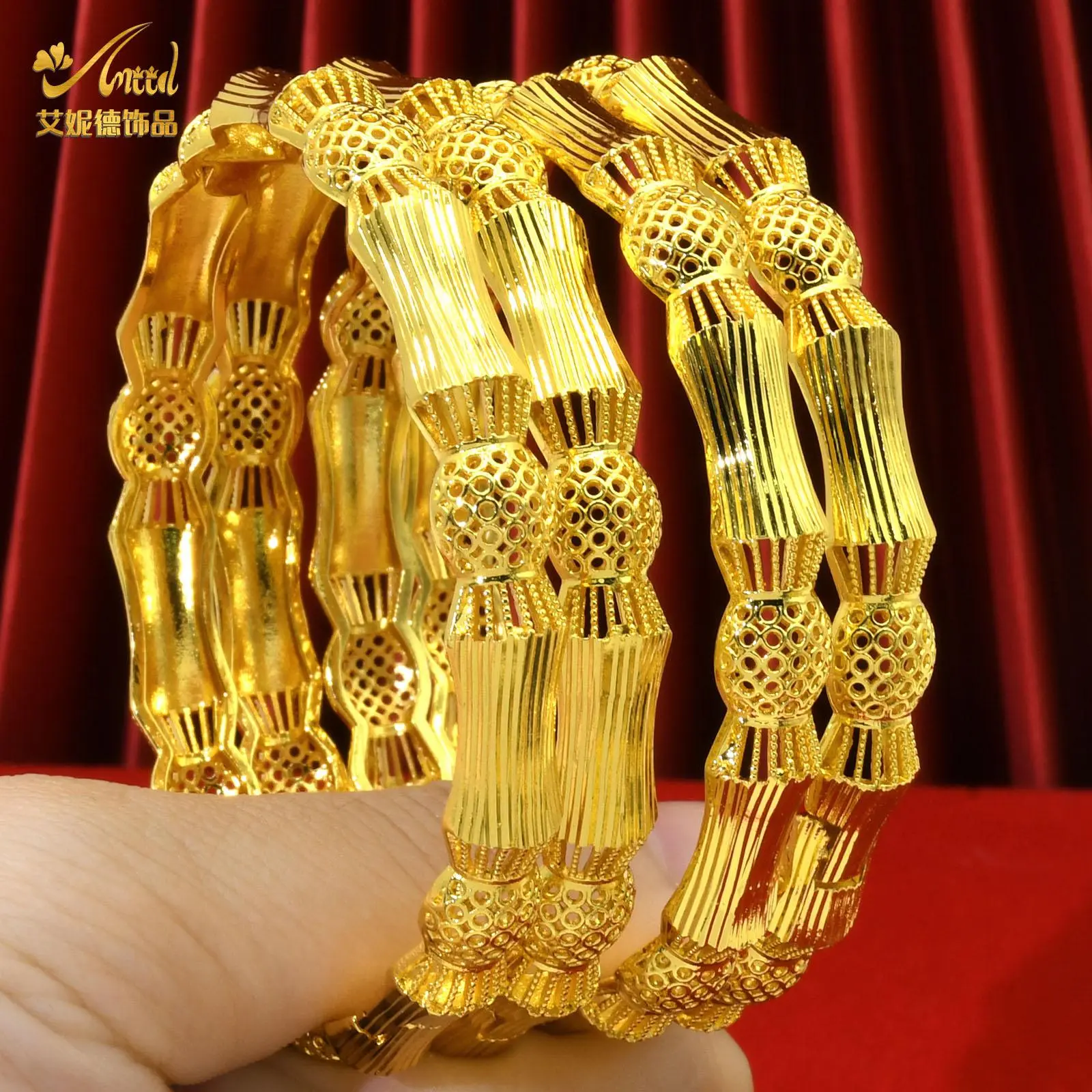 Women's Gold-Plated Alloy Bangles - African Fashion, Gold Aesthetic, African Print & Alloy Bracelets & Bangles, Dubai Arabic Luxury Charm Jewelry for Nigerian Weddings & Gifts