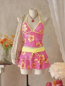 Women's Summer Beach Festival Print Halter Bikini Set, Casual Vacation Style, Fitted Tank Top and Skirt Three-Piece Suit