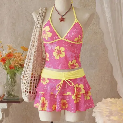 Women's Summer Beach Festival Print Halter Bikini Set, Casual Vacation Style, Fitted Tank Top and Skirt Three-Piece Suit, Summer Swimsuit, Swimwear Sets, Swimsuit Beachwear, Swimsuit For Beach, Swimwear Beach Outfits
