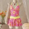 Women's Summer Beach Festival Print Halter Bikini Set, Casual Vacation Style, Fitted Tank Top and Skirt Three-Piece Suit, Summer Swimsuit, Swimwear Sets, Swimsuit Beachwear, Swimsuit For Beach, Swimwear Beach Outfits