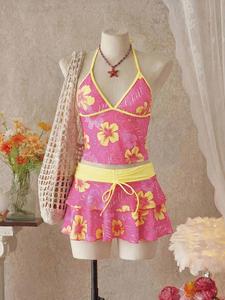 Women's Summer Beach Festival Print Halter Bikini Set, Casual Vacation Style, Fitted Tank Top and Skirt Three-Piece Suit