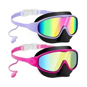 New Kids Swimming Goggles with Earplugs, Large Anti-Fog UV Protection, Unisex Ages 3-15, 2-Pack,Ideal for Boys and Girls,Comes with nose clip and earplugs, Swim Glasses