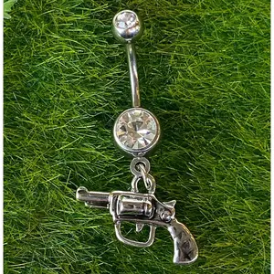Gun Dangle Belly Ring CZ Gem Prong Set 316L Surgical Steel Pierced Navel