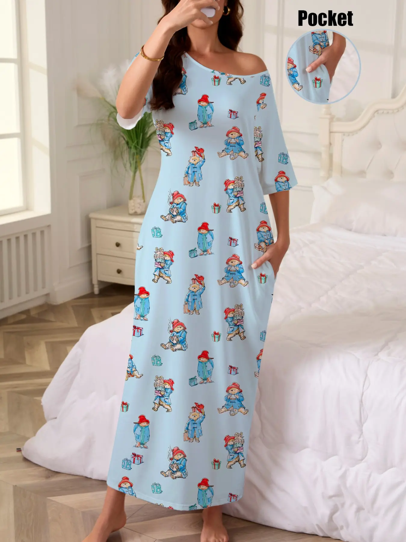 Women's Cute British Bear Print Nightdress Robe, Comfortable Soft Short Sleeve Long Dress for Fall Winter, Casual Loungewear Nightwear Homewear with Pockets, Womenswear