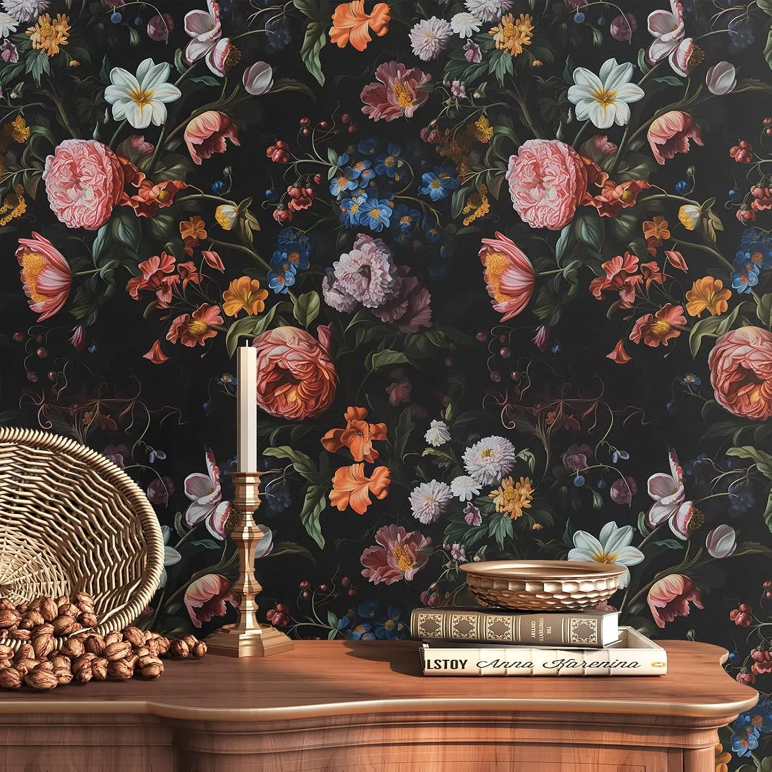 VEELIKE Retro Dark Floral Oil Painting Wallpaper, Renter-Friendly Removable Self-Adhesive Mural for Bathroom Accent Wall, Playroom, 17.7''x118'' Contact Paper for Cabinets, Drawers, Closet, Shelves