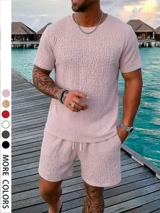 Trendy Men's Textured Knit 2 Piece Outfits, Pink Short Sleeve Top and Drawstring Shorts Set, Lightweight Comfortable Summer Matching Sets for Street Style & Vacation, Various Colors #MensTexturedSet #SummerStreetwear #2PieceOutfit