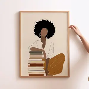 Black Woman Wall Art Print, Afrocentric Book Lover Decor, Minimalist Female Illustration, Modern Neutral Home Wall Art 2