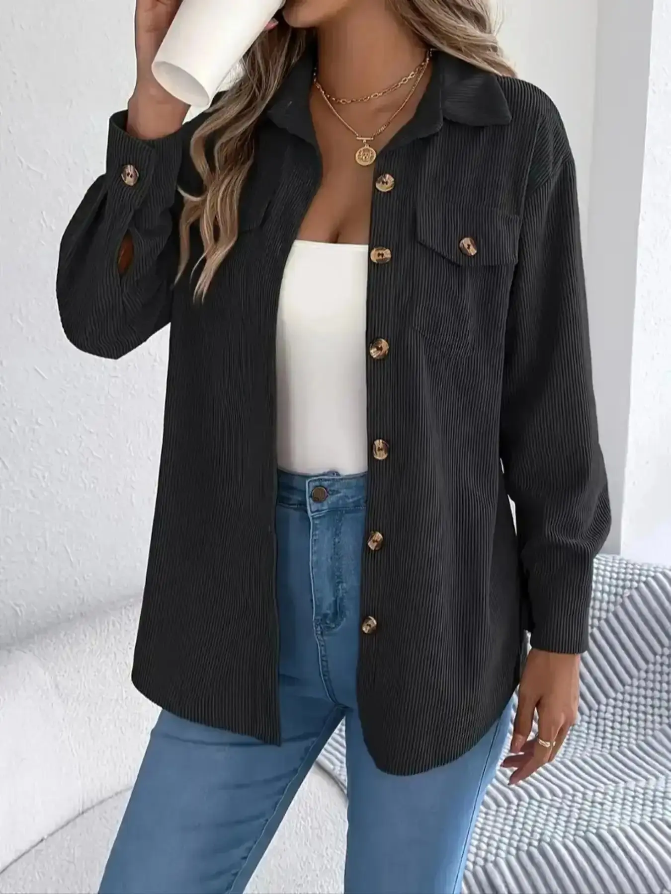 Contemporary Solid Color Long Sleeve Button Front Fitted Jacket Street Style, Coats, Tops, Casual Lapel Design, Fall & Winter Fashion, Women's Outerwear, Womenswear, Easy Layering, Comfort Fit, Trendy