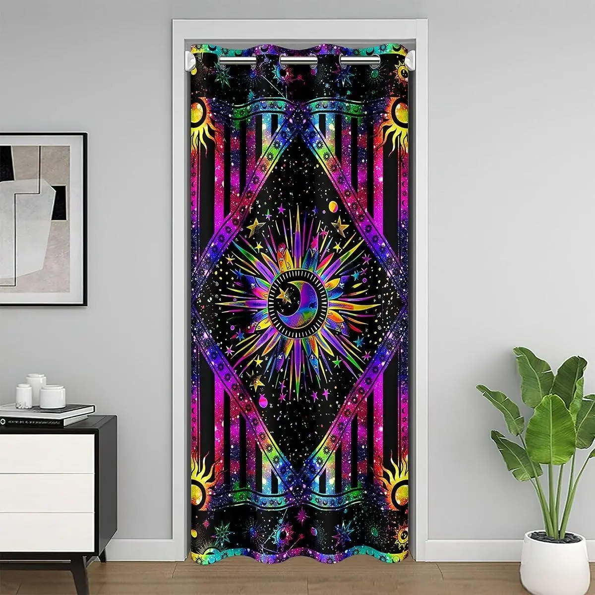 Sun Moon Door Curtain Doorway Privacy,Rainbow Tie Dye Psychedelic Blackout Curtain,Celestial Astrology Hippie Cosmic Constellation Zodiac Curtain Temporary Door Decor