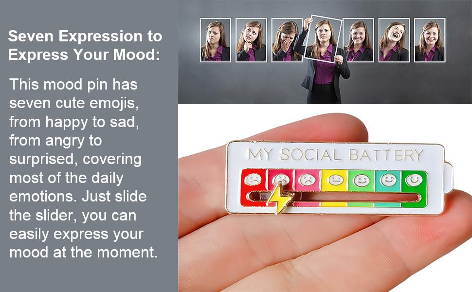 2Pcs Social Battery Slider Pin, Funny Social Battery Pin for 7 Days, My Social Battery Slider Pins for Work, Cute Expression Mood Pins for Introverts Interactive gifts for kids