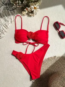 Briza｜Ruched Bandeau Two-Piece Swimsuit In Solid Red With 3D Rose As Bikini Sets For Vacation Swimwear For Women And Bathing Suit Women Set, Swimsuits 2 Piece As Swim Sets For Women With High Cut Brazilian Bikinis Beach Confidence