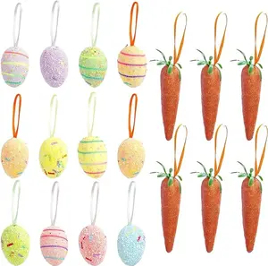 18 Pcs Easter Egg Carrot Ornament, Foam Glittering Hanging Eggs Glitter Carrots for Easter Party Supplies Tree Decoration