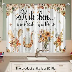 2 Panel  Autumn Floral Kitchen Curtain Farmhouse Rustic Orange Vintage Autumn Leaves Pumpkin Botanical Art Pole Home Decor Cafe Office Living Room Bedroom Dining Room Decoration, 2D Flat