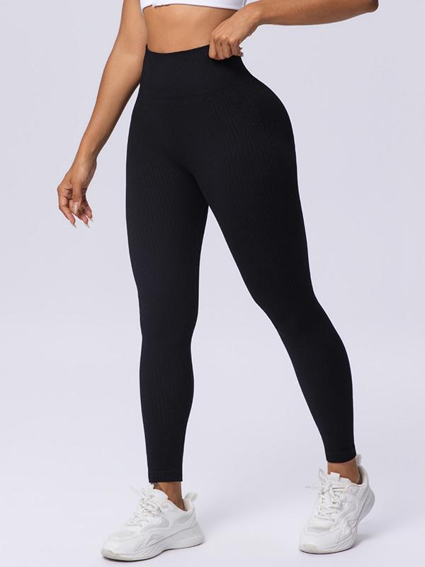 Fashion Candy Colors Women High-Waisted Butt-Lifting Tummy-Control Leggings, Soft Comfortable Breathable Elastic Ribbed Texture Sport Pants, Gym Workout Yoga Fitness Leggings, Suitable For Casual and Versatile Styles, Everyday Wear Must-Have For Wardrobe